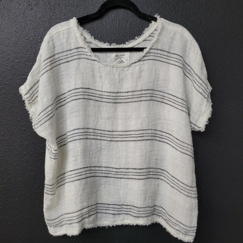 Becasa 100% Linen Top OS White Stripe Oversized Raw Hem Coastal Vacation Resort